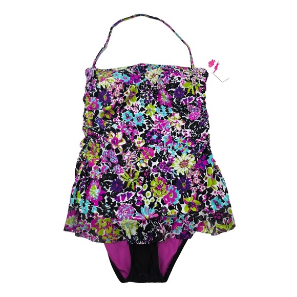 Floral Swim Dress One Piece Skirted Ruched Tropical Resort Swimsuit Womens M NWT - Picture 1 of 11